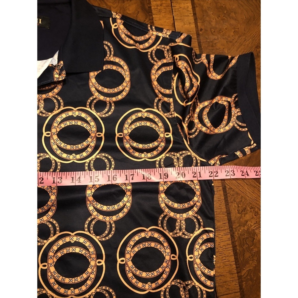 Pavini Polo Shirt Mens Size L-XL Black Gold Rings Circles Graphic Print - Picture 8 of 9